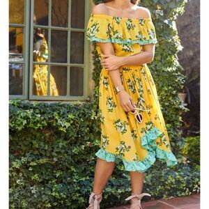 Matilda Jane Hooked on a Feeling Yellow & Aqua Off Shoulder Dress Womens Medium